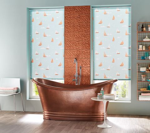 Vinyl-buying-guide-Homestyle-Flanders-Beige-Brown-with-Boats-Teal-Roller-blinds