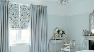 Blue Made to Measure Pencil Pleat Curtains Combined with a Roman Blind in the Bedroom