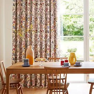 Ester Cranberry Curtains in dining room with wooden furniture