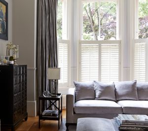 Pure White cafe-style Shutters with Erika Charcoal Curtains
