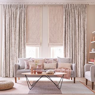 Mirage Pumice curtains with Mineral Linen roman blind