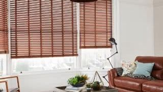 Living room with furniture and wooden blinds
