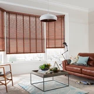 Living room with furniture and wooden blinds