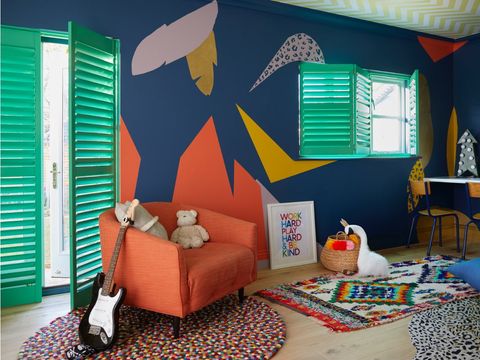 Custom colour shutters in bright green, fitted in a playroom