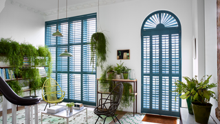 Bright blue shaped shutters in hall