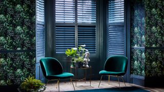 Green custom colour shutters in a living room