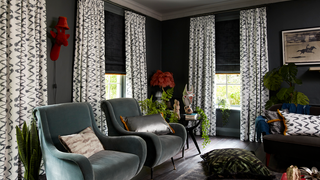 Living room with Abigail Ahern collection curtains and Roman blinds