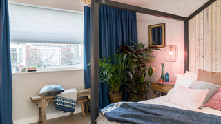 Mist Thermashade pleated blinds with Bardot Denim curtains in a roomset