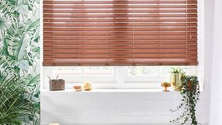 Nutmeg Faux Wood blinds in bathroom