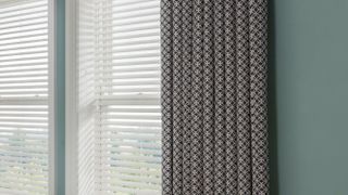 denim blue patterned curtains in dining room setting