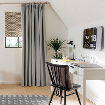 Grey Made to Measure Blackout Curtains with a Grey Roman Blind in the Study - Tetbury Smoke Curtains and a Laverne Glacier Roman Blind