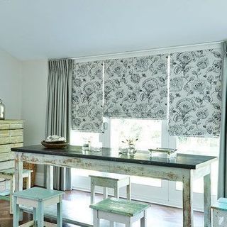 Roman Blind_Portia Stone and Opulence Dove Grey Curtains_Dining Room