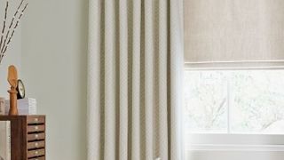 Mineral Chalk Roman blind and Rattan Stone Curtains