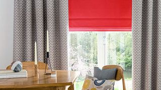 Tetbury Coral Roman blind and Horizon Denim Curtain