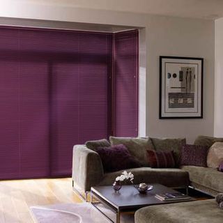 Dark Portfolio Damson Venetian blind hung in a living room