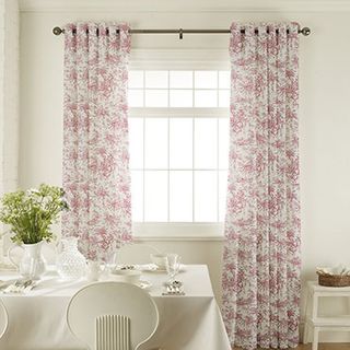Toile Cherry Curtains in dining room with white furniture