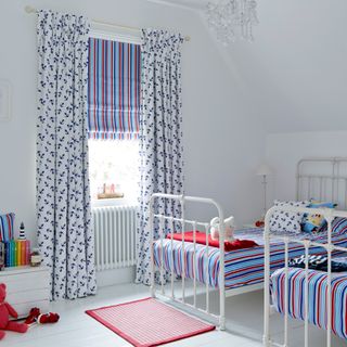Anchors Away Navy curtains with Lollipop Red Roman blind