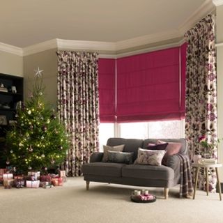 Bardot-Fuschia-Roman-blind-with-Bohemia-Damson-curtains