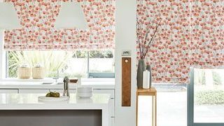 Coral Honesty Persimmon Roman Blinds in the kitchen
