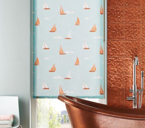 Bathroom Roller Blind in Teal with Boats Print