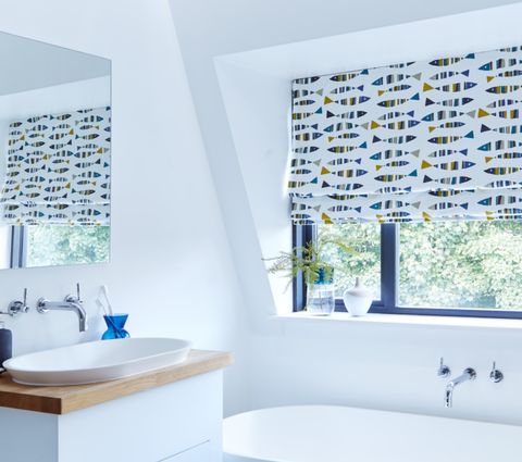 Bathroom Roman Blind in Little Fish Marine Blue Print with sink and mirror