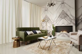 Cosy Living Room with a fire and windows framed with plain ivory curtains