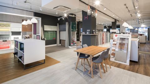 Hillarys Guildford showroom interior with blinds, curtains & shutters on display