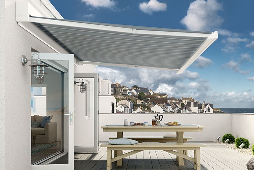 Grey striped awning
