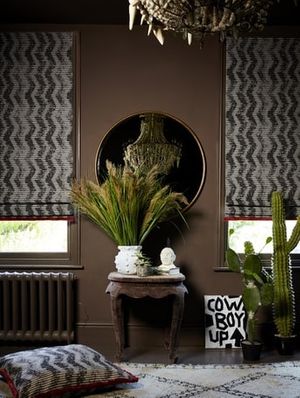 Cadillac Noir Roman blinds and cushion with Colette Vixen fringing