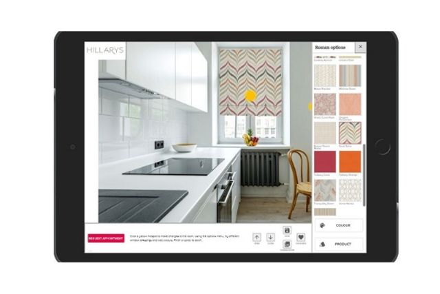 visualisation app showing a pink and orange patterned blind in a kitchen window