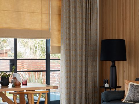 Lindora Gold Roman Blind and Verve Golden Wheat curtains in Dining Room