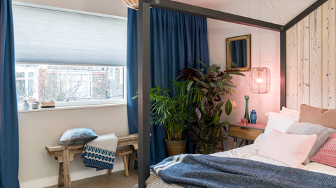 Mist Thermashade pleated blinds with Bardot Denim curtains in a roomset