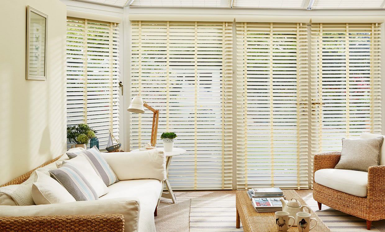 Soft Ivory Wooden blinds in conservatory room