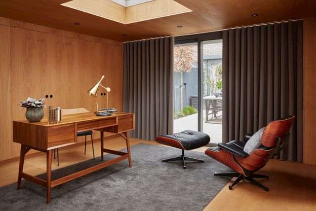 Home office with Tetbury Charcoal curtains, and Morton Tar, Tetbury Black and Huxley Dove Grey cushions