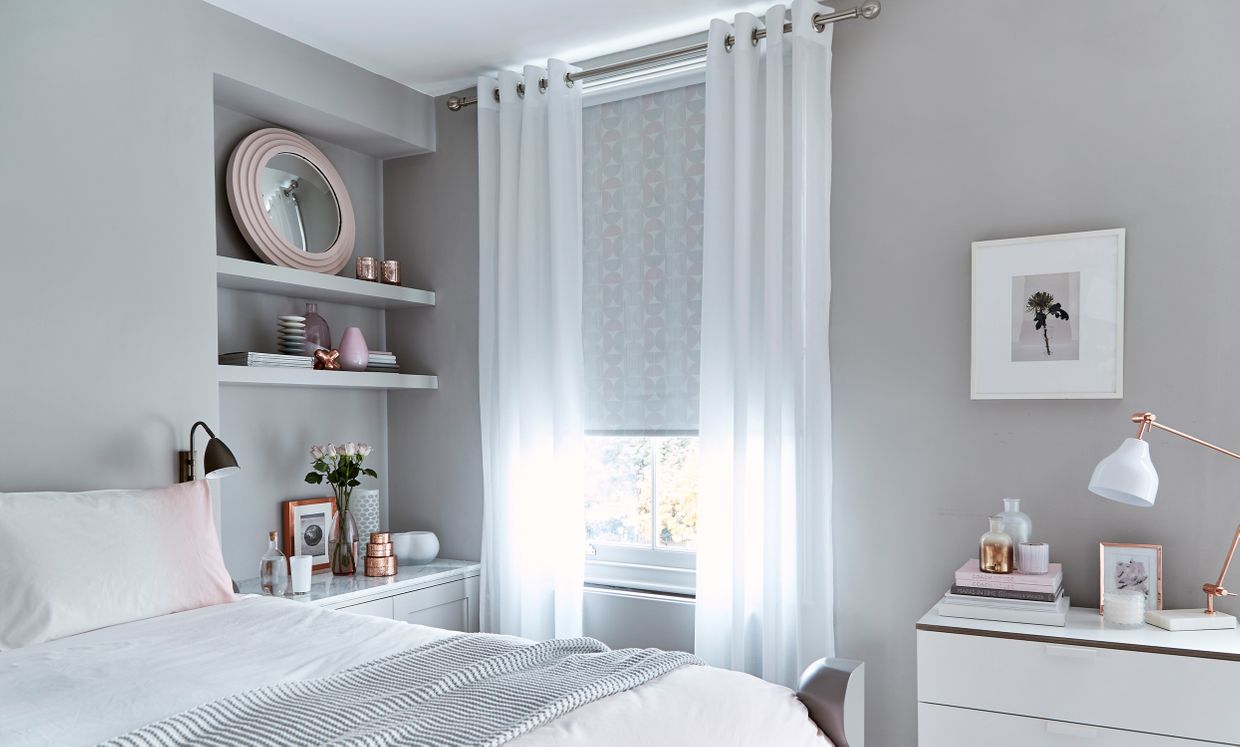 Astro White Voile Curtain and Chrome Curtains in bedroom