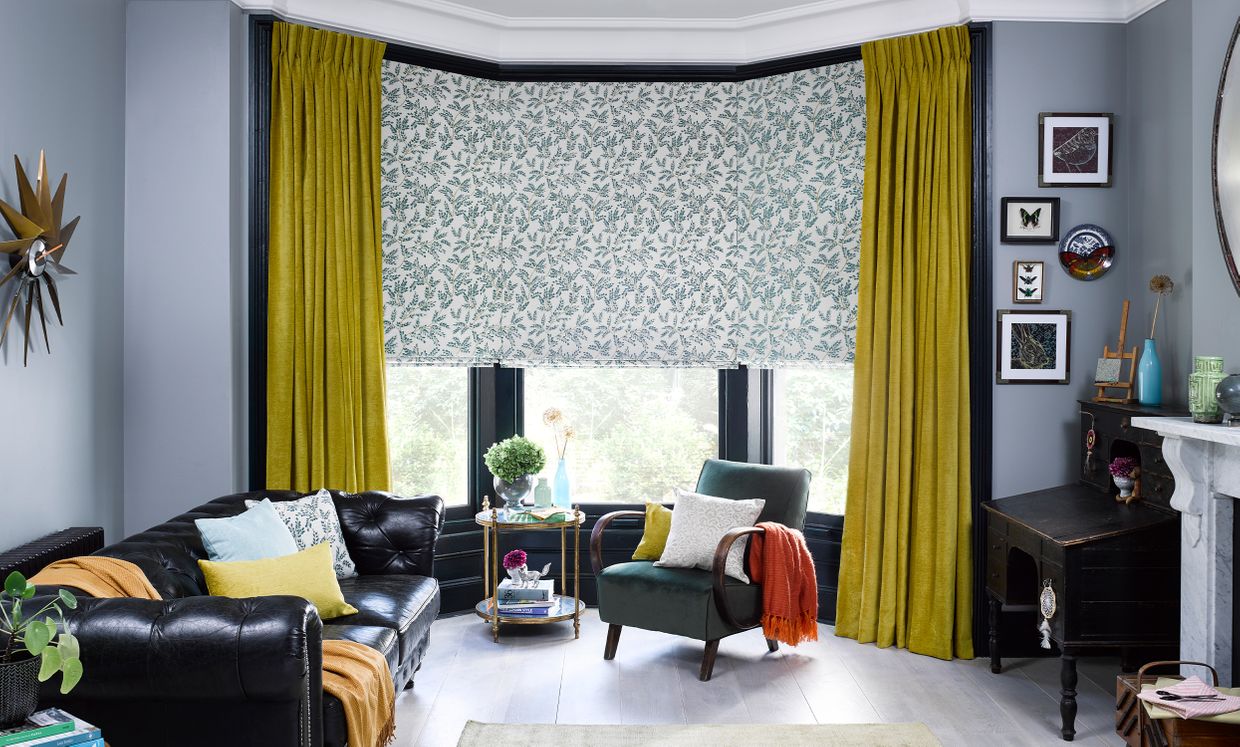 Lyon Sulphur Curtains with Dezia Teal Roller blinds in living room