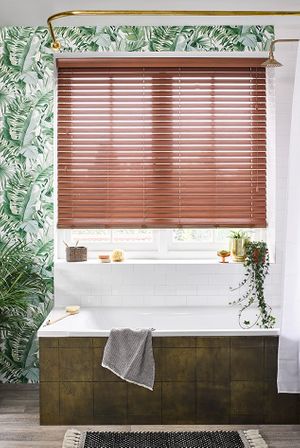 Nutmeg Faux Wood blinds in bathroom