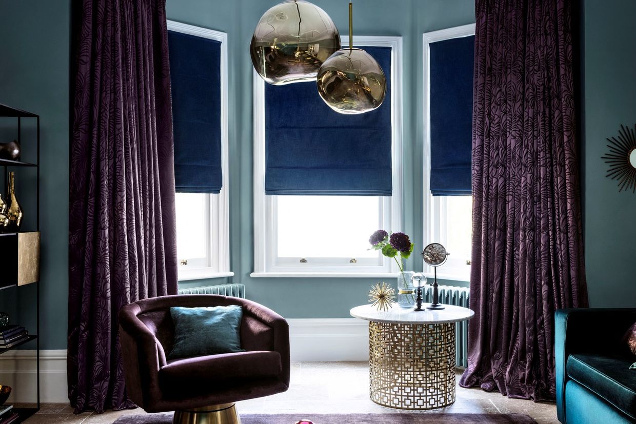 Broadleigh Aubergine Curtains paired with Radiance Midnight Roman Blinds