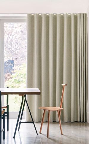 Minimalist Dining Area with Cream Wave Curtains in Echo Mist Fabric