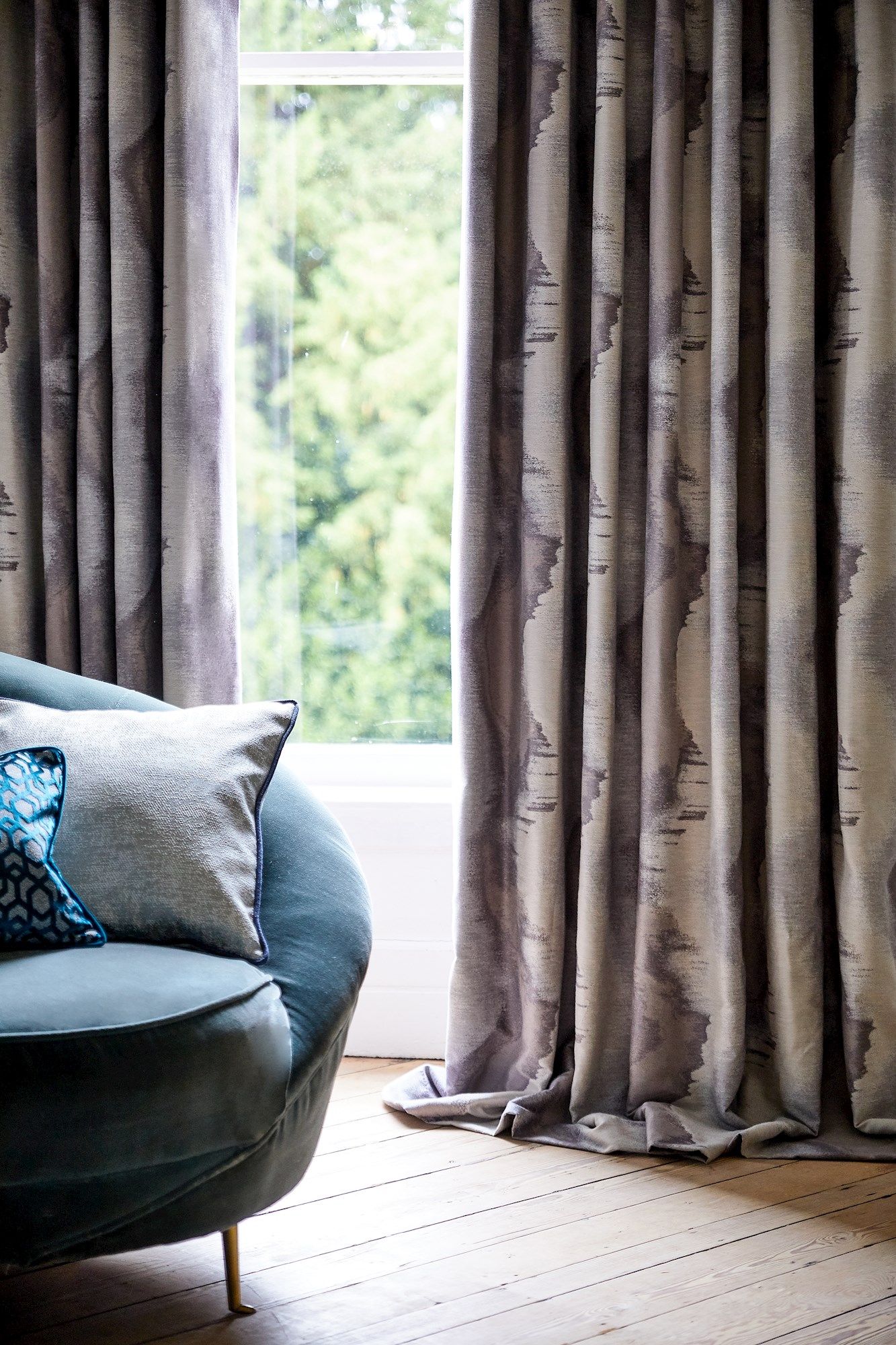 Close-up detail of Lunar Whisper curtains at a single window