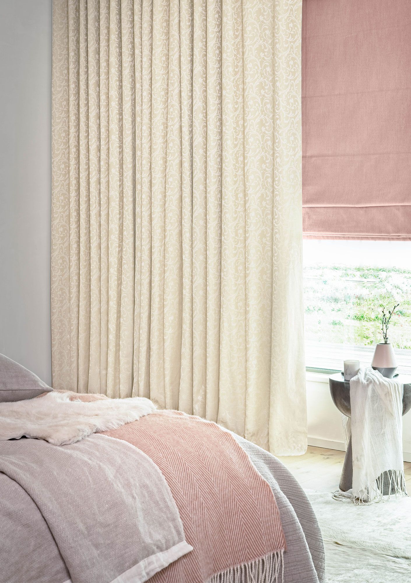 Alice Ivory curtains and Allure Bamboo Roman blinds in bedroom