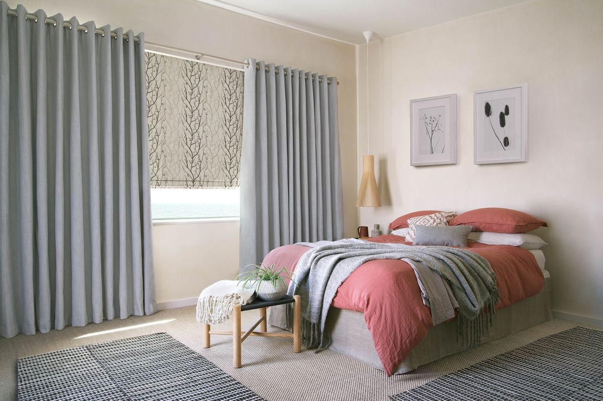 Bailey cloudy curtains and pyrus cream romans in bedroom