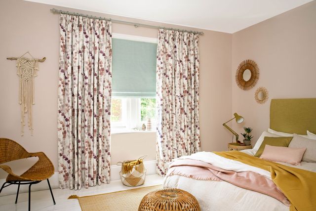 Lilac curtains and Sky Blue romans in bedroom