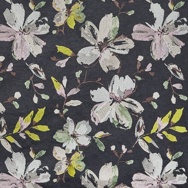 Forenza Midnight swatch has a navy background, contrasting the floral pattern in colours of cream, green, pink and beige
