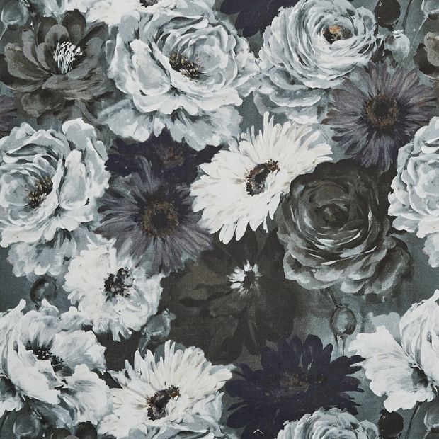 Monroe Smoulder swatch is a large scale floral design in shades of charcoal, grey and white