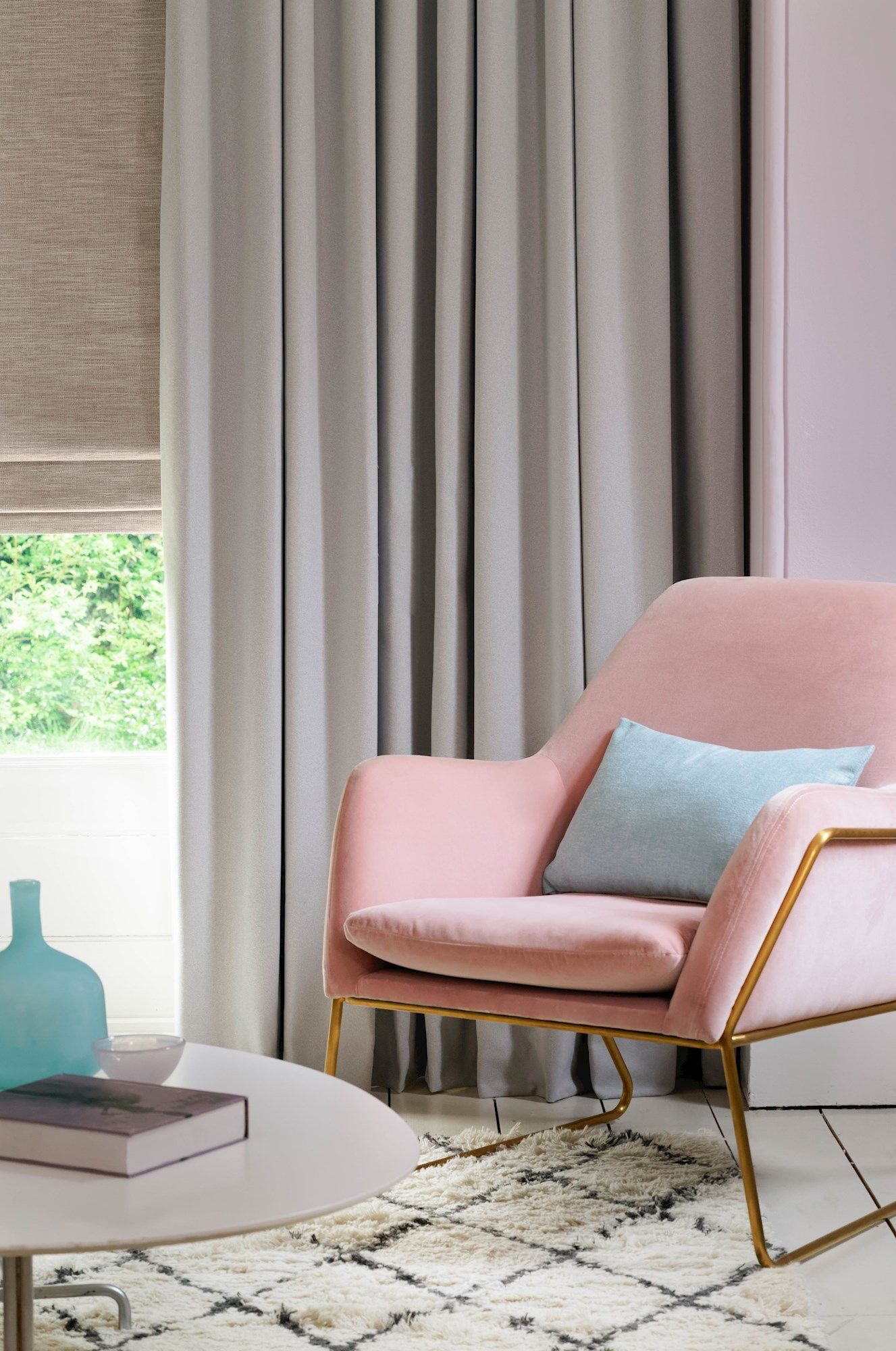 Huxley Dove Grey Curtains with Haddie Chalk Pink Curtains in a living room