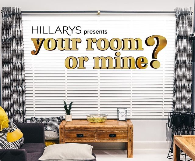 hillarys presents your room or mine, logo and image for hillarys tv show in living rooms setting