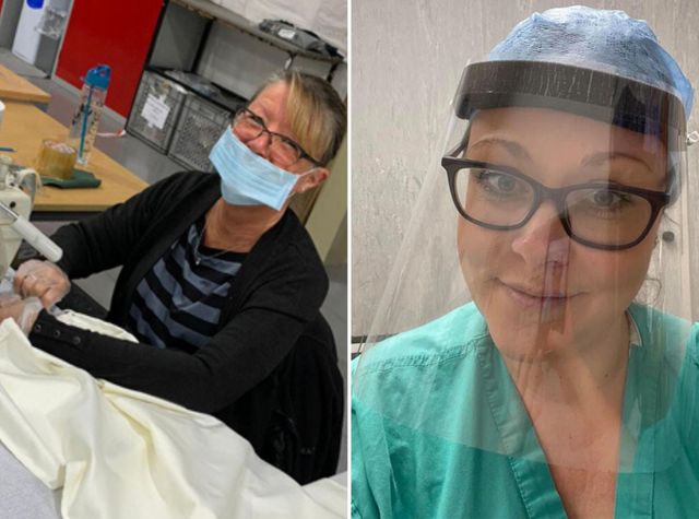 hillarys colleague sewing scrubs, nhs worker in homemade visor