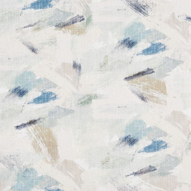 Rivara Lotus swatch is an abstract pattern of off white, biscuit brown, navy, powder blue and royal blue brushstrokes