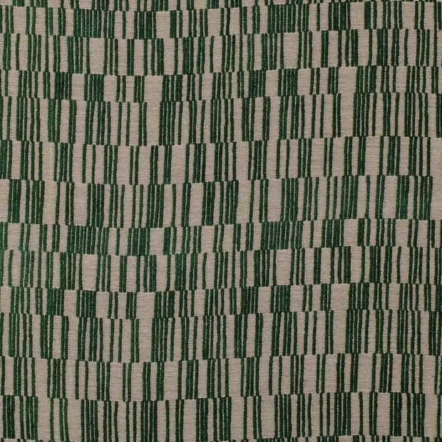 Lora Emerald swatch has a rich emerald green velvet linear graphic pattern on a plain cream linen background